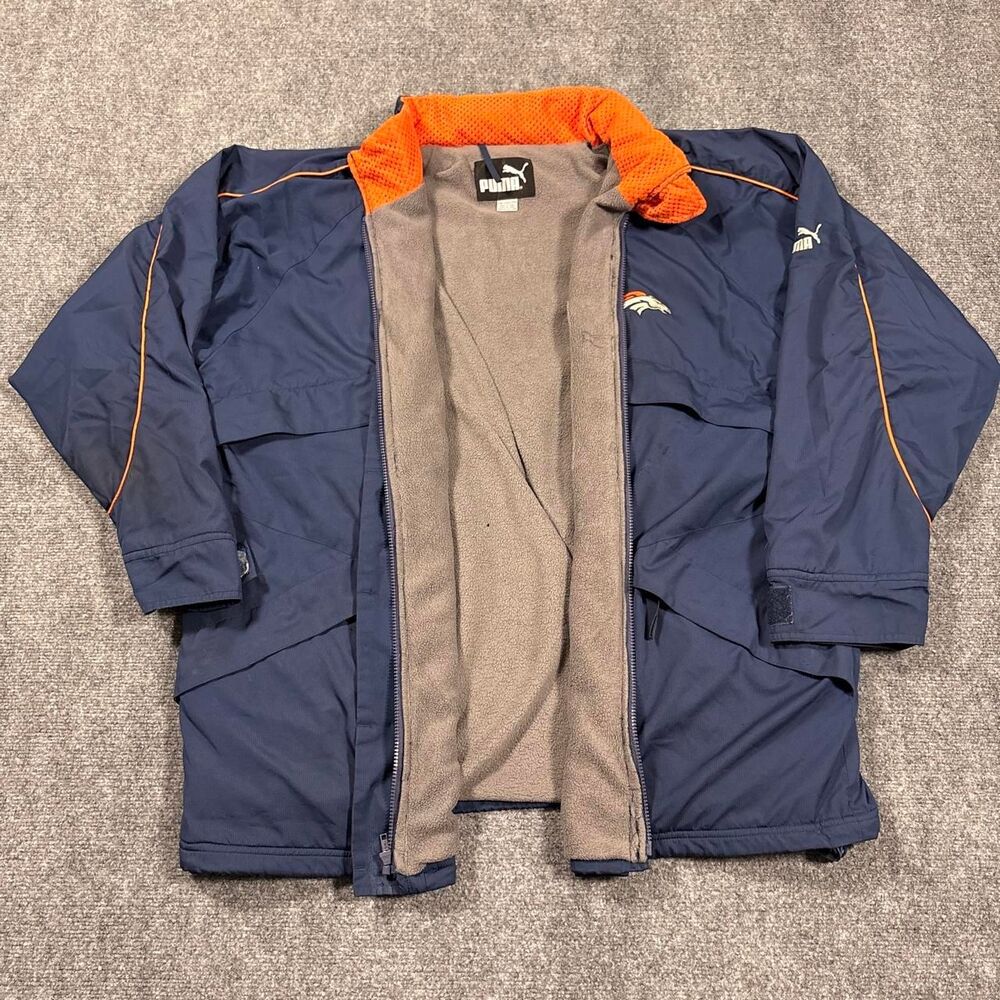 vintage 90s denver broncos x puma full zip anorak sideline fleece lined jacket
